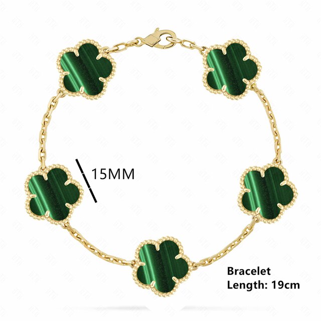 18K Gold Plated Luxury Charm Bracelet Five-Leaf Flower Clover Bracelet Natural Stone Shell Charm Plant Jewelry