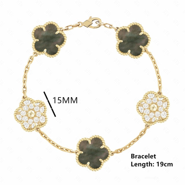 18K Gold Plated Luxury Charm Bracelet Five-Leaf Flower Clover Bracelet Natural Stone Shell Charm Plant Jewelry