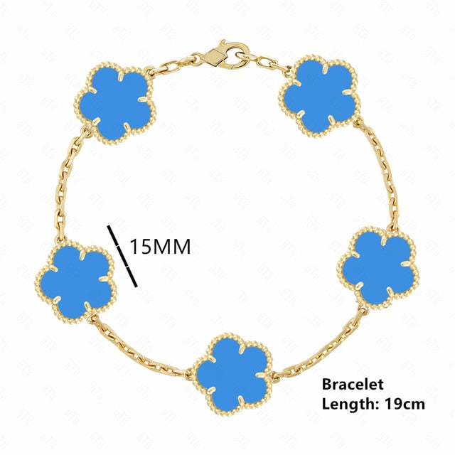 18K Gold Plated Luxury Charm Bracelet Five-Leaf Flower Clover Bracelet Natural Stone Shell Charm Plant Jewelry