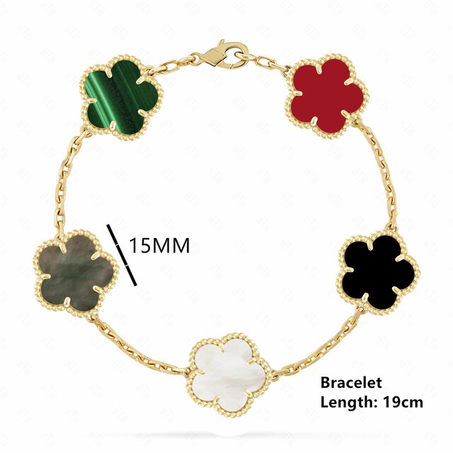 18K Gold Plated Luxury Charm Bracelet Five-Leaf Flower Clover Bracelet Natural Stone Shell Charm Plant Jewelry