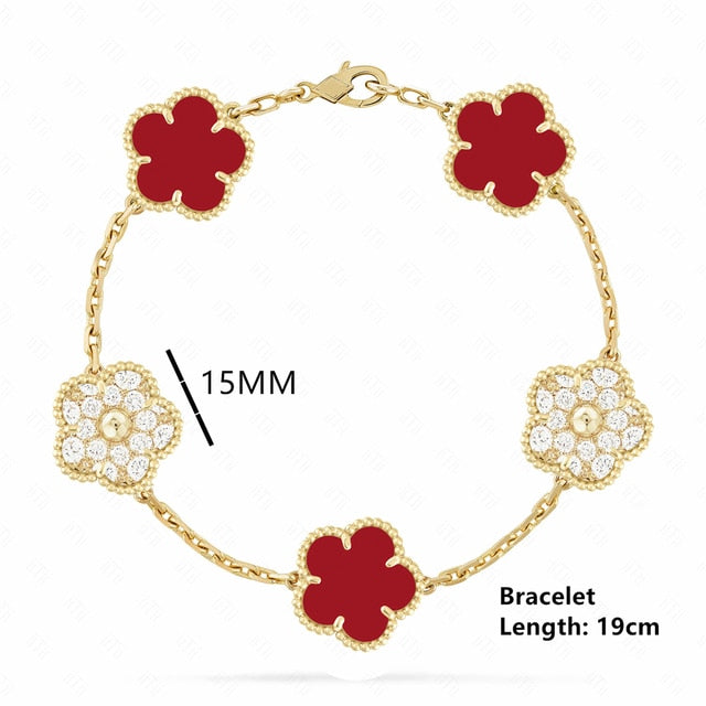 18K Gold Plated Luxury Charm Bracelet Five-Leaf Flower Clover Bracelet Natural Stone Shell Charm Plant Jewelry