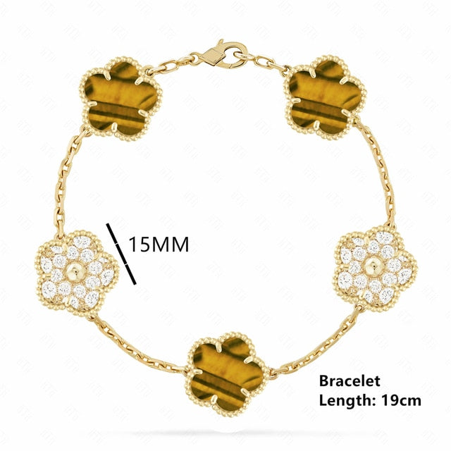 18K Gold Plated Luxury Charm Bracelet Five-Leaf Flower Clover Bracelet Natural Stone Shell Charm Plant Jewelry