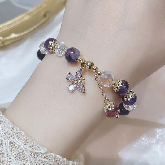New Butterfly Charm Natural Amethyst Beads Gold Plated Beaded Bracelets for Women Girls Fashion Jewelry Taurus