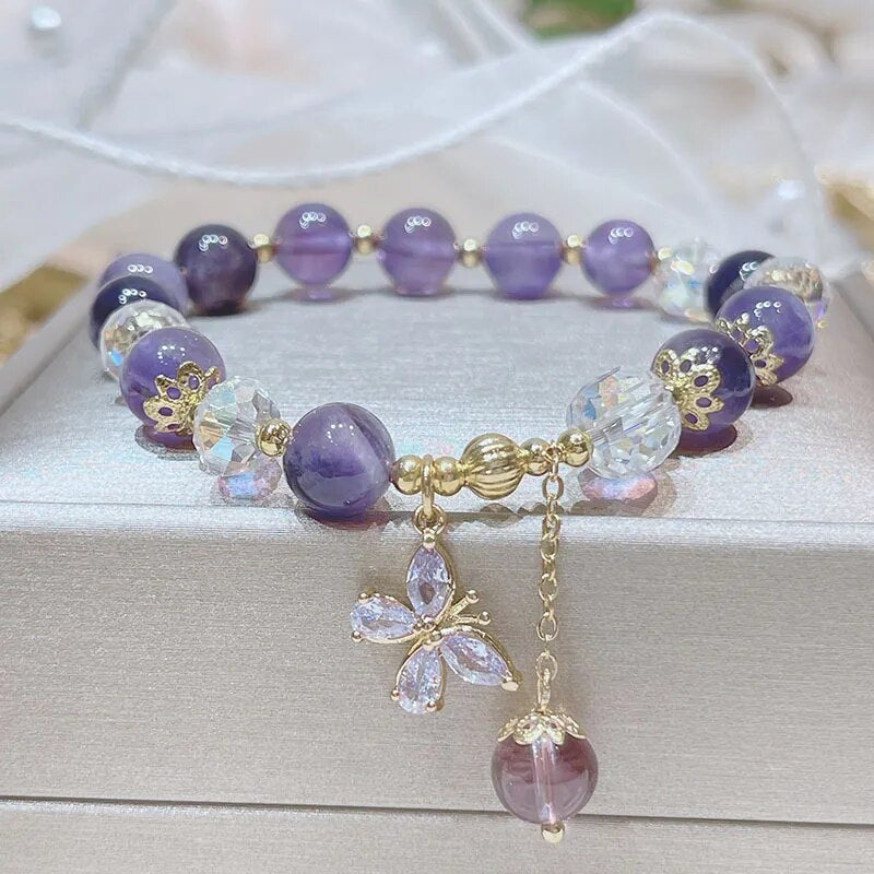 New Butterfly Charm Natural Amethyst Beads Gold Plated Beaded Bracelets for Women Girls Fashion Jewelry Taurus