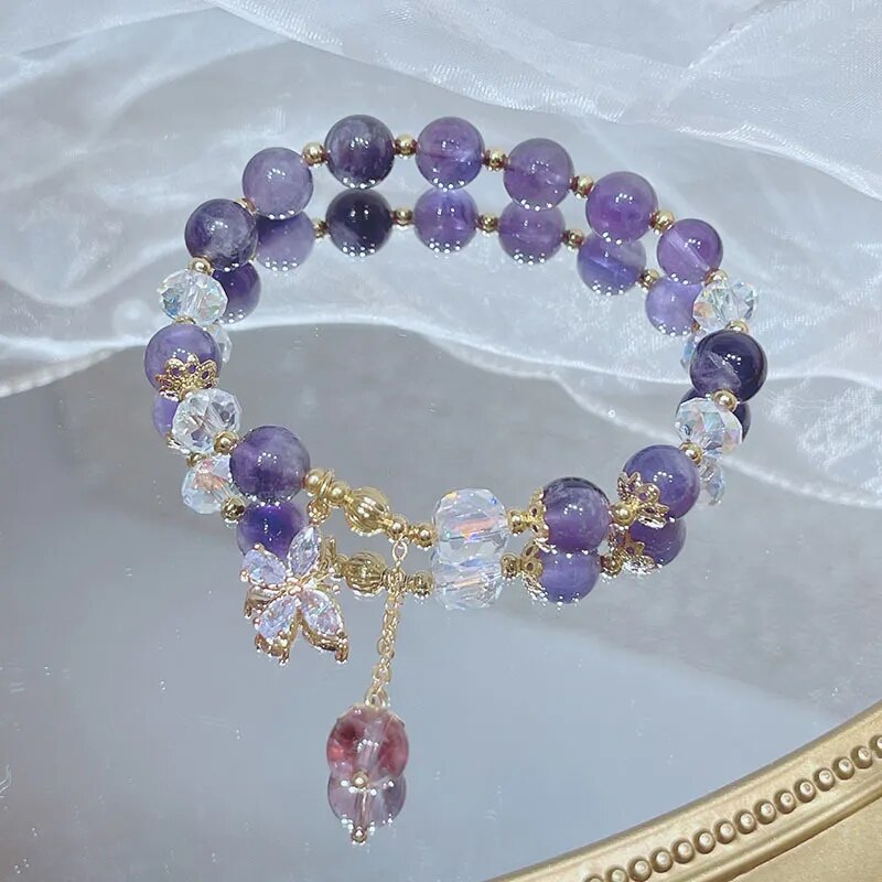 New Butterfly Charm Natural Amethyst Beads Gold Plated Beaded Bracelets for Women Girls Fashion Jewelry Taurus