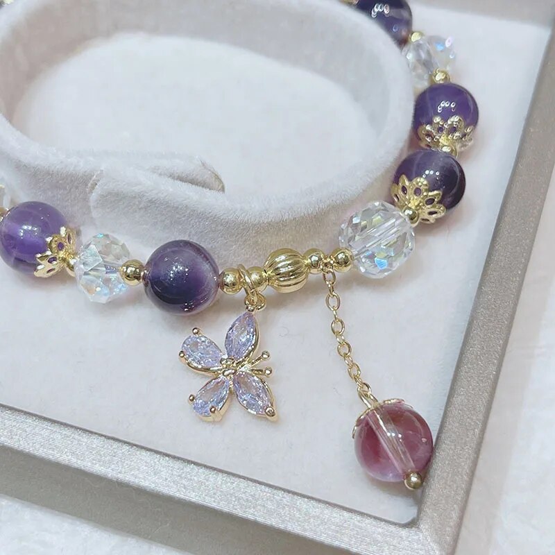 New Butterfly Charm Natural Amethyst Beads Gold Plated Beaded Bracelets for Women Girls Fashion Jewelry Taurus