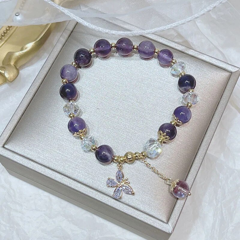 New Butterfly Charm Natural Amethyst Beads Gold Plated Beaded Bracelets for Women Girls Fashion Jewelry Taurus