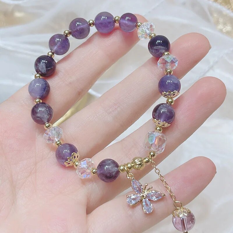 New Butterfly Charm Natural Amethyst Beads Gold Plated Beaded Bracelets for Women Girls Fashion Jewelry Taurus