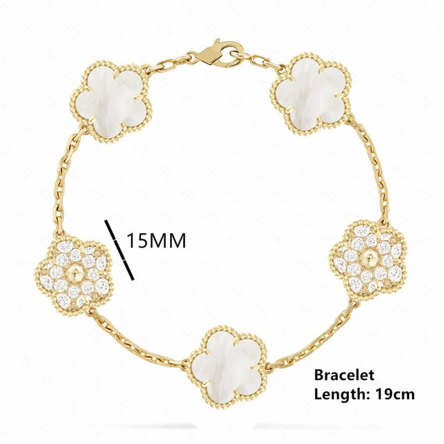 18K Gold Plated Luxury Charm Bracelet Five-Leaf Flower Clover Bracelet Natural Stone Shell Charm Plant Jewelry