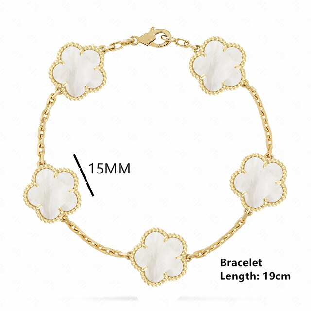 18K Gold Plated Luxury Charm Bracelet Five-Leaf Flower Clover Bracelet Natural Stone Shell Charm Plant Jewelry