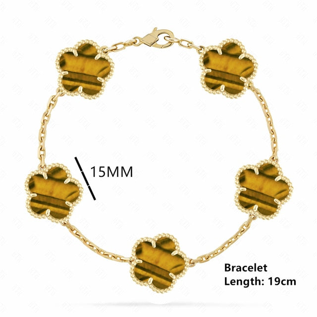 18K Gold Plated Luxury Charm Bracelet Five-Leaf Flower Clover Bracelet Natural Stone Shell Charm Plant Jewelry